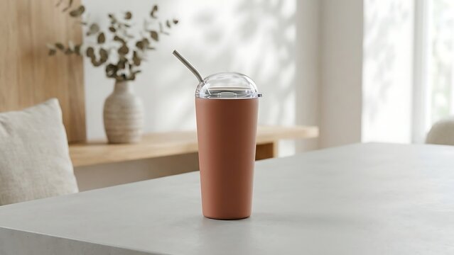 Minimalist matte terracotta reusable tumbler with clear dome lid and stainless steel straw on a white table in a bright modern interior with a blurred background