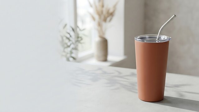 Minimalist Terracotta Reusable Insulated Tumbler with Metal Straw on Concrete Surface with Soft Leaf Shadows, Sustainable Lifestyle and Eco-Friendly Travel Mug for Cold and Hot Drinks