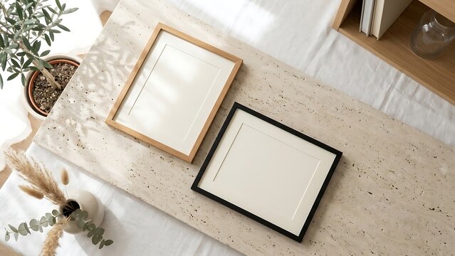 Two blank poster frames mockup, vertical wood and horizontal black frames with mats on travertine stone surface, minimalist interior aesthetic with sunlight shadows, olive tree and pampas grass