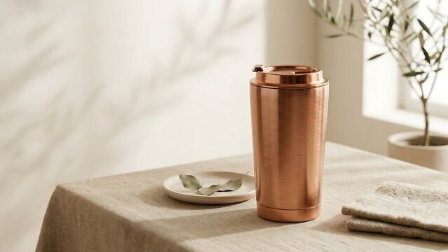Elegant Copper Reusable Travel Tumbler on a Beige Linen Tablecloth with Soft Organic Shadows, Minimalist Sustainable Lifestyle Concept for Coffee and Tea Lovers in a Bright Interior