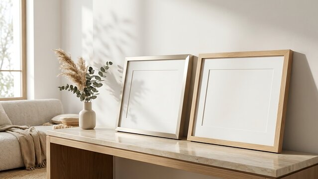 Minimalist interior mockup featuring two blank square picture frames in wood and silver finishes placed on a marble console table with dried plants and soft sunlight shadows in a bright room.