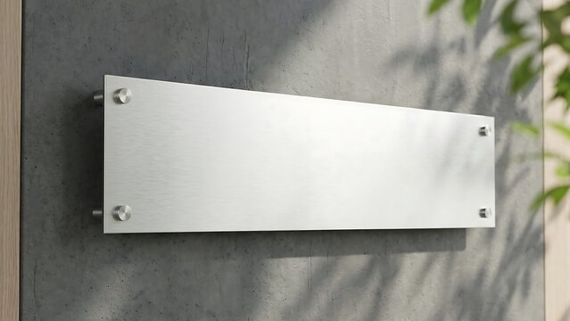 Modern Blank Brushed Metal Plate Signage Mockup with Standoff Mounts on Industrial Concrete Wall Background Featuring Soft Leaf Shadows for Office or Commercial Building Branding