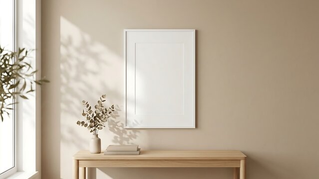 Vertical Blank White Poster Frame Mockup Hanging on Beige Wall Above Wooden Console Table with Dried Eucalyptus in Vase and Soft Sunlight Tree Shadow, Minimalist Interior Decor Template