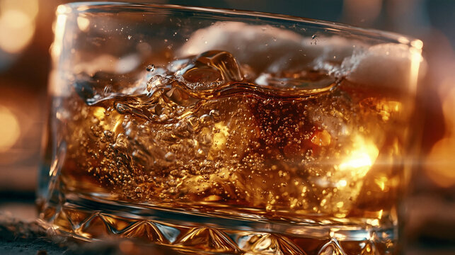 Glass of whiskey with ice cubes glowing in warm ambient light on the rocks