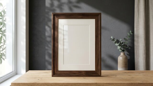 Vertical dark wood picture frame mockup with white mat standing on a wooden table in a minimalist modern room, featuring a dark grey wall with natural leaf shadows and a vase with green branches.