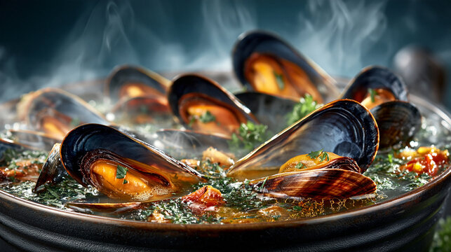 Bowl of fresh mussels steamed in aromatic white wine and herbal broth with marine food
