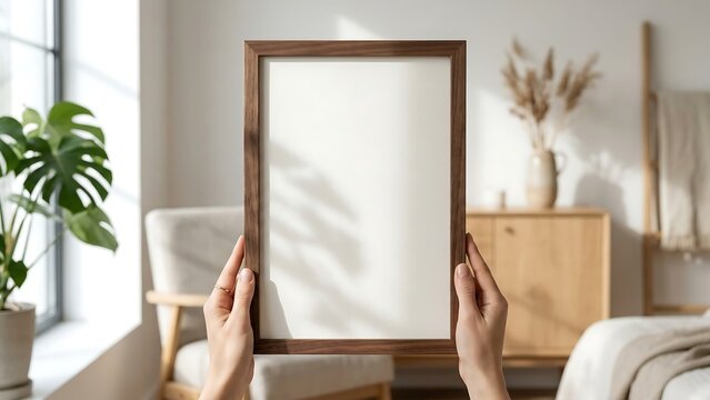 Vertical Wooden Picture Frame Mockup Held by Hands in a Bright Minimalist Living Room Interior with Monstera Plant and Soft Sunlight Shadows, Blank White Poster Canvas for Artwork Presentation