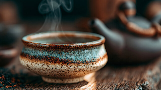 Rustic ceramic tea bowl resting on dark wooden table with hot drink beverage steaming