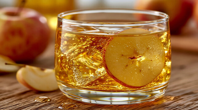 Glass of cold cider with ice cubes and fresh fruit slices drink iced