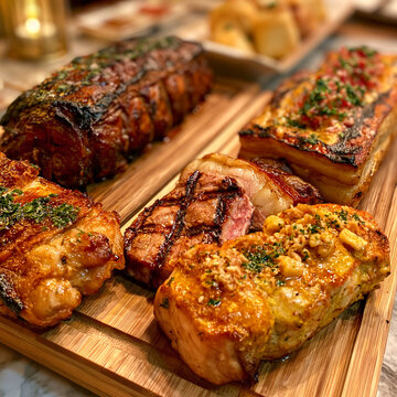 Assorted grilled meats served on a wooden platter for a shared dining experience