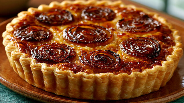Savory quiche topped with roasted tomato slices on a round ceramic plate