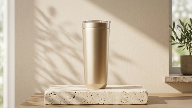 Elegant Gold Insulated Tumbler on a Travertine Stone Pedestal with Natural Leaf Shadows and Minimalist Interior Background, Perfect for Product Mockup and Modern Lifestyle Branding Presentations