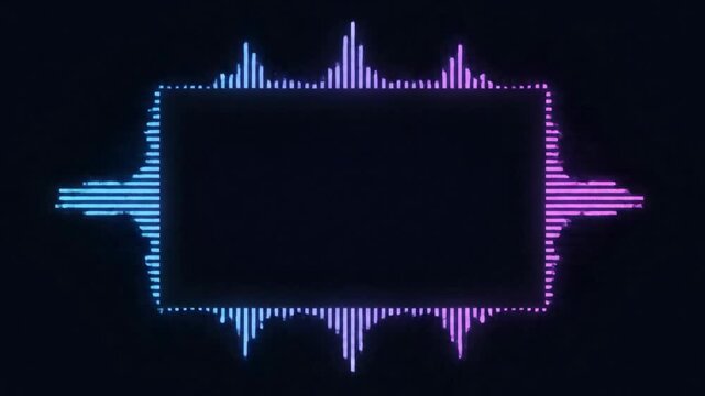 Neon blue and purple audio equalizer visualizer frame with dynamic sound wave motion for music and dj events