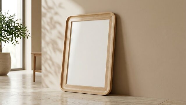 Minimalist Vertical Wooden Poster Frame Mockup Leaning Against a Beige Wall with Soft Sunlight and Leaf Shadows in a Modern Japandi Interior Design for Art Presentation and Home Decor