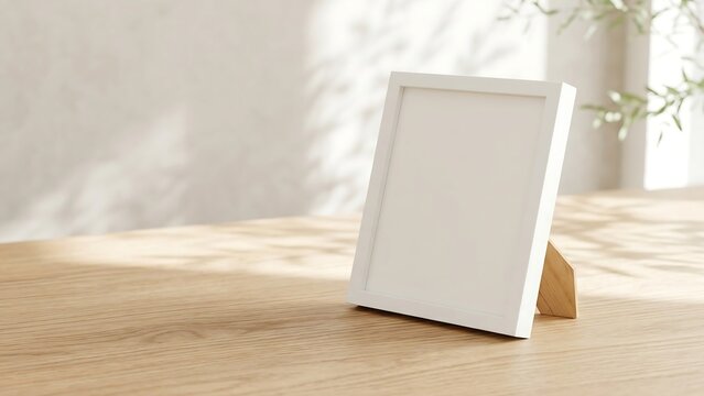 Minimalist Vertical White Picture Frame Mockup Standing on Wooden Table with Natural Sunlight and Soft Leaf Shadows on Beige Wall for Interior Design Presentation