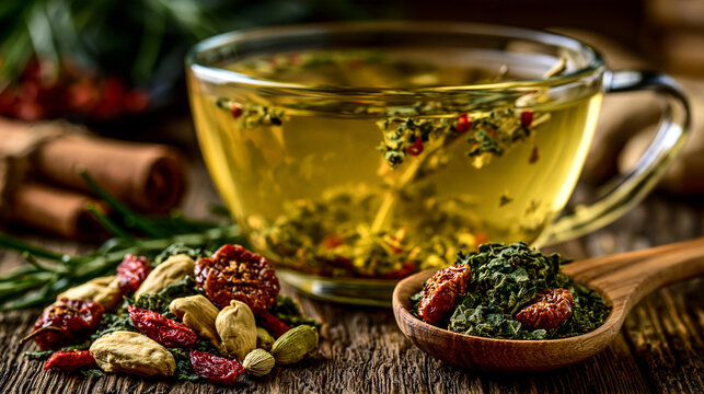 Herbal tea blend with dried berries and spices in a glass cup wooden spoon loose
