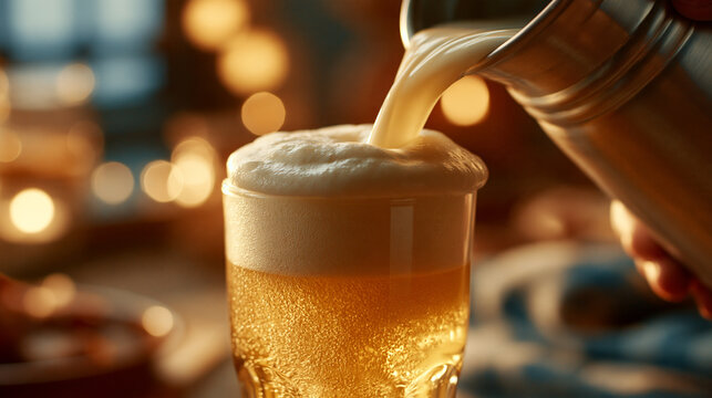 Golden frothy beer poured into a glass from a stainless steel pitcher with pouring