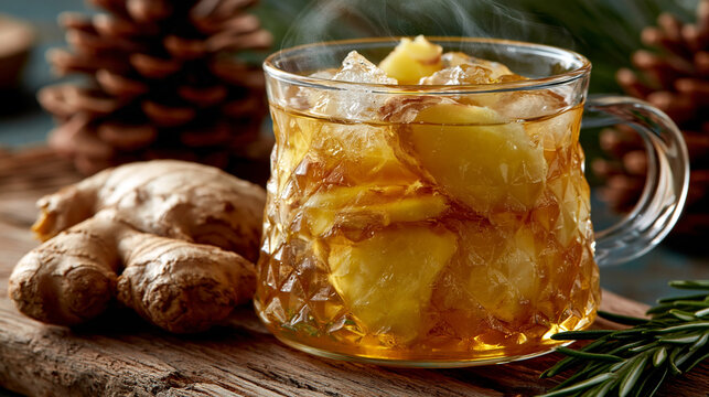 Fresh ginger root and ice cubes in a textured glass of cold tea with iced pine cones