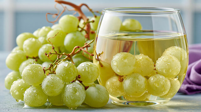 Refreshing green grape drink with whole fruit in a glass juice grapes