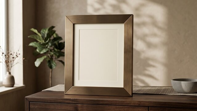 Vertical bronze metallic picture frame mockup standing on a dark wooden cabinet in a minimalist interior with plant and soft leaf shadows on the wall, blank poster for art presentation.