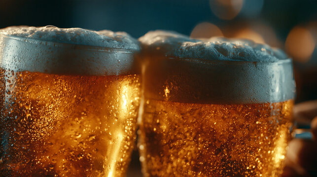 Two glasses of cold bubbly beer with condensation on the surface, frothy glass mug