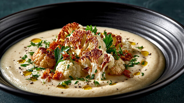 Roasted cauliflower served over creamy hummus in a black bowl with vegetables