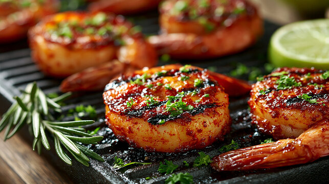 Grilled shrimp skewers seasoned with fresh herbs and lime wedges on a black platter