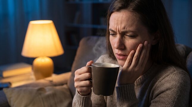 Woman holding hot cup of coffee and suffering from acute toothache or dental pain, touching her cheek in pain while sitting on a couch at home at night