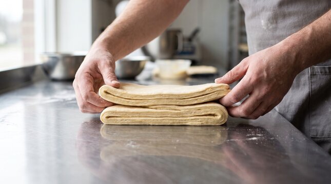 Professional baker hands folding and preparing laminated dough for puff pastry or croissants on a stainless steel commercial kitchen counter table in a bright bakery setting