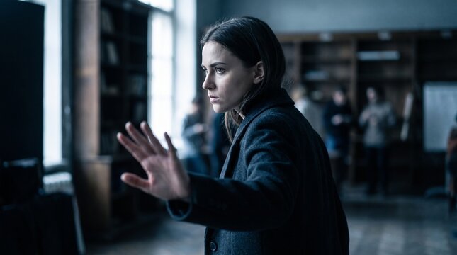 Young woman in a dark coat reaching out her hand in a dimly lit library or office interior with blurred background figures, cinematic moody lighting and suspenseful atmosphere
