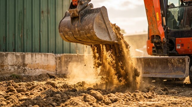 Orange mini excavator working on construction site, bucket dumping dirt and soil onto ground, industrial heavy machinery operating outdoors in bright daylight, side view close up shot