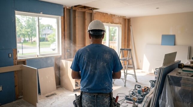A male construction worker wearing a hard hat and tool belt stands inside a residential room undergoing complete interior remodeling, surrounded by exposed studs, drywall, and tools