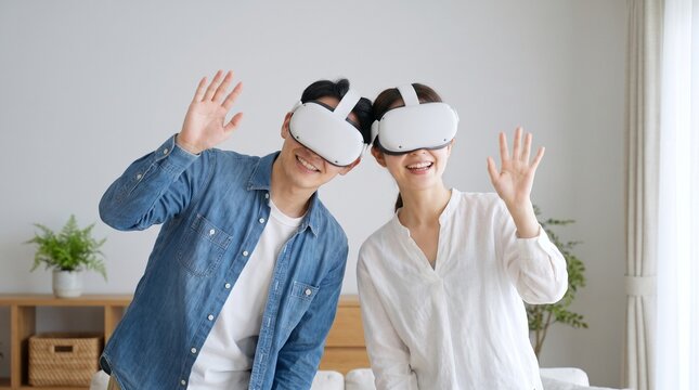 Happy young Asian couple wearing virtual reality headsets smiling and waving hands in modern bright living room, futuristic technology lifestyle concept indoor shot