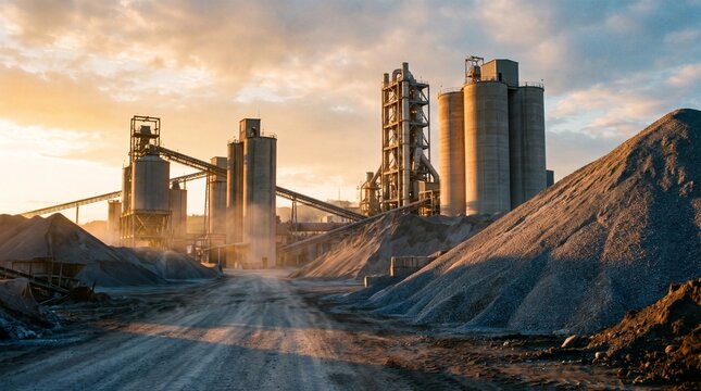 Industrial cement factory complex at sunset with tall silos, conveyor belts, and massive piles of gravel and crushed stone in the foreground under a warm evening sky