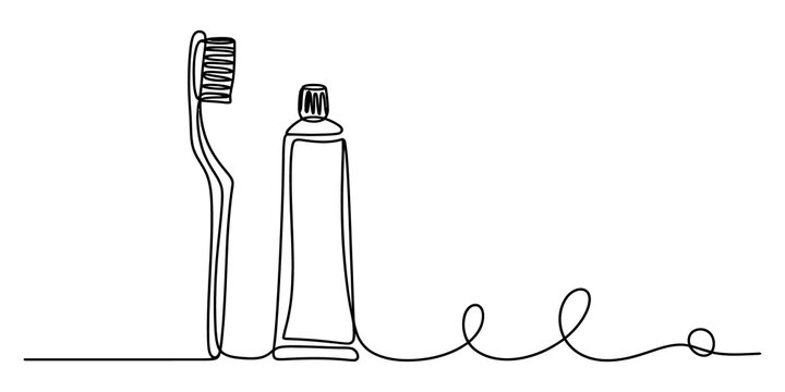 Continuous line drawing of a toothbrush and a tube of toothpaste isolated on transparent background