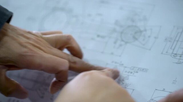 Team of engineers technicians collaborates on project mechanical motor blueprints design technical drawings, tools gear components, discuss drafts, find problem solutions teamwork at workbench flat
