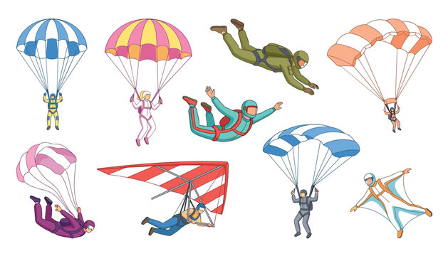 Skydiving and extreme air sport vector character collection set featuring skydivers paragliders hang glider and wingsuit flying illustration