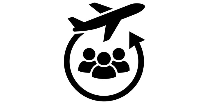 Group of passengers icon with circular arrow and departing airplane symbol for travel and tourism business logistics.