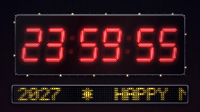 Happy New Year 2027 Countdown Digital LED Timer Board Reaching Midnight with Confetti Animation