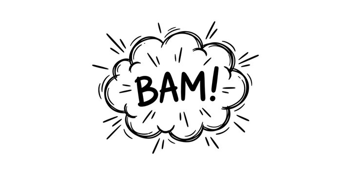 Comic book boom bubble explosion with black hand drawn text bam graphic for dynamic action narrative effects.