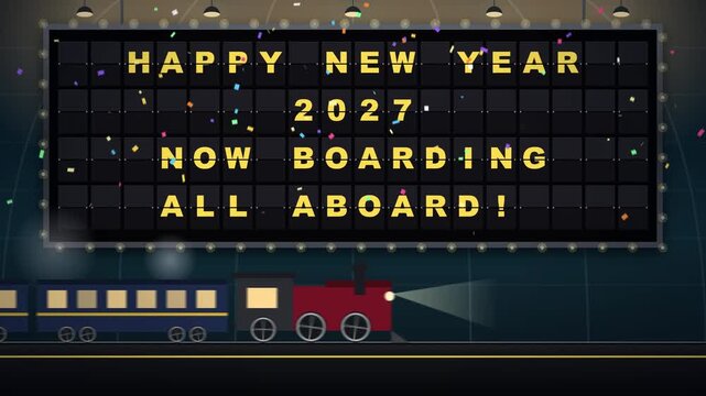 Happy New Year 2027 Message on Mechanical Split-Flap Board with Passing Train and Confetti