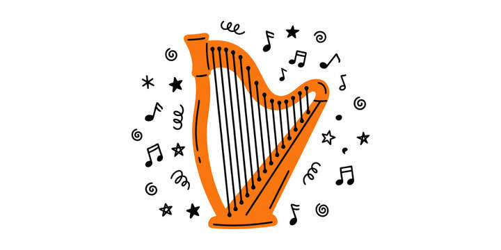Orange musical harp illustration with floating black music notes and stars isolated on a grey checkered background.