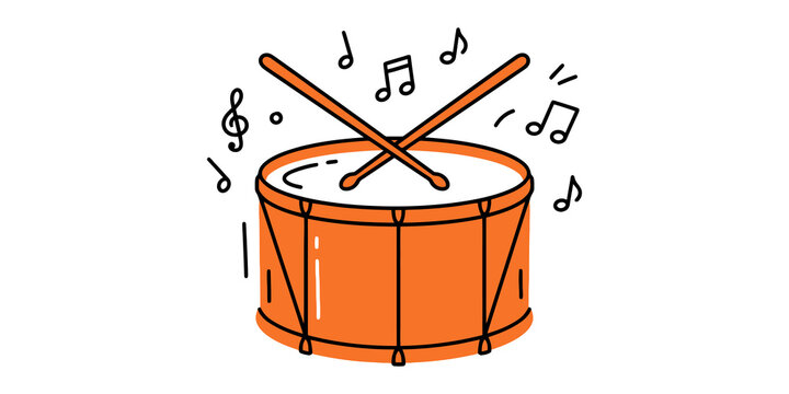 Orange musical drum illustration with crossed wooden sticks and floating notes for rhythmic event graphics.