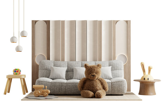 Mockup empty white wall in children room interior with sofa, teddy bear- 3D rendering