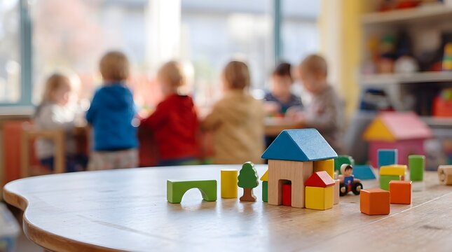 Children playing in kindergarten classroom blurred in background with wooden building blocks in selective focus foreground