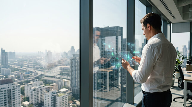 Smart traffic management helps office professional review city mobility data with transparent digital interface above modern urban skyline.