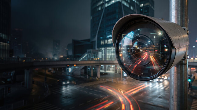Smart traffic management camera monitors wet city intersection night, capturing glowing vehicle light trails beneath modern office towers high.
