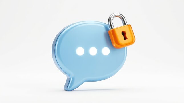 3d illustration of a blue speech bubble with an orange padlock, representing secure communication, isolated on white background
