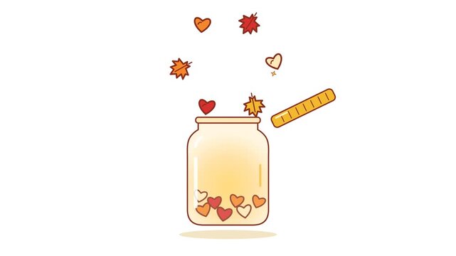 A charming 2D animation of a glass jar catching falling autumn leaves and hearts. Clean white background with warm orange and red tones. Perfect for Thanksgiving greeting videos.