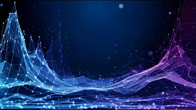 Digital wireframe mountain landscape with glowing blue and purple nodes and lines forming a dynamic abstract terrain surface for futuristic technology background motion graphics and data visualization